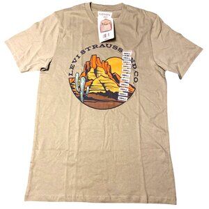 Levis Mens Small Beige Graphic T-Shirt Featuring Desert Mountain & Cactus Artwor